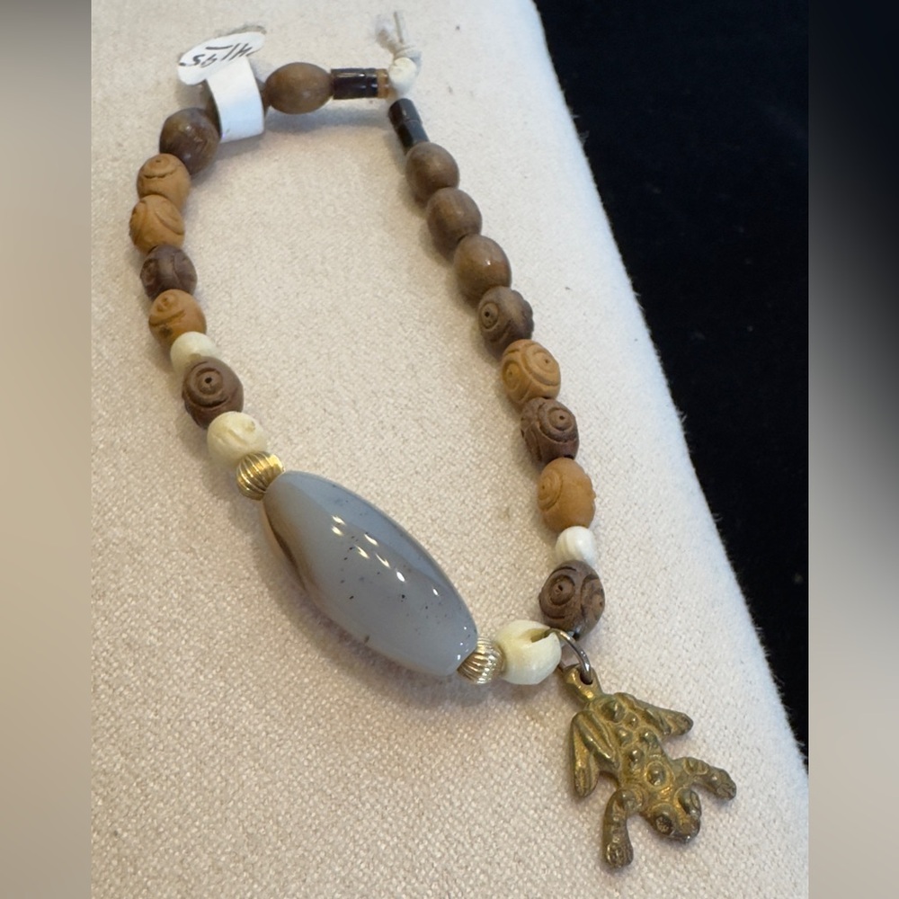 Handcrafted/carved wooden, and Stone Agate Begged Bead with frog charm.